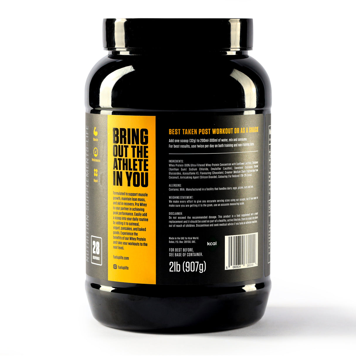The back of Fuel-up by Kcal's 2 lb Vanilla Pro Whey Protein Powder
