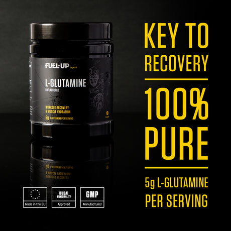 Container of unflavoured l-glutamine supplement