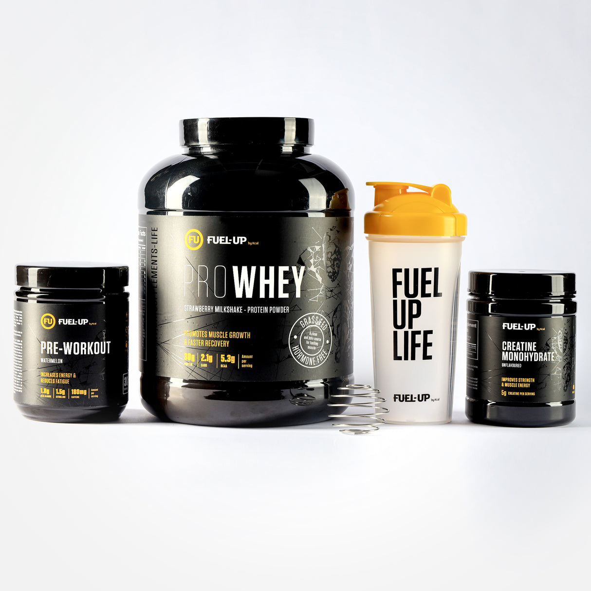 A discounted bundle of fitness supplements for building muscle mass including pre-workout, whey protein, protein shaker and creatine monohydrate