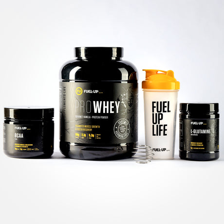 A discounted bundle of fitness supplements including BCAA, whey protein, a protein shaker and l-glutamine