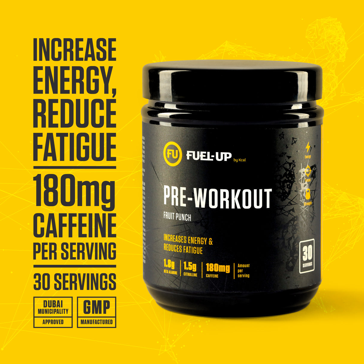 Fruit punch pre-workout supplement on yellow background