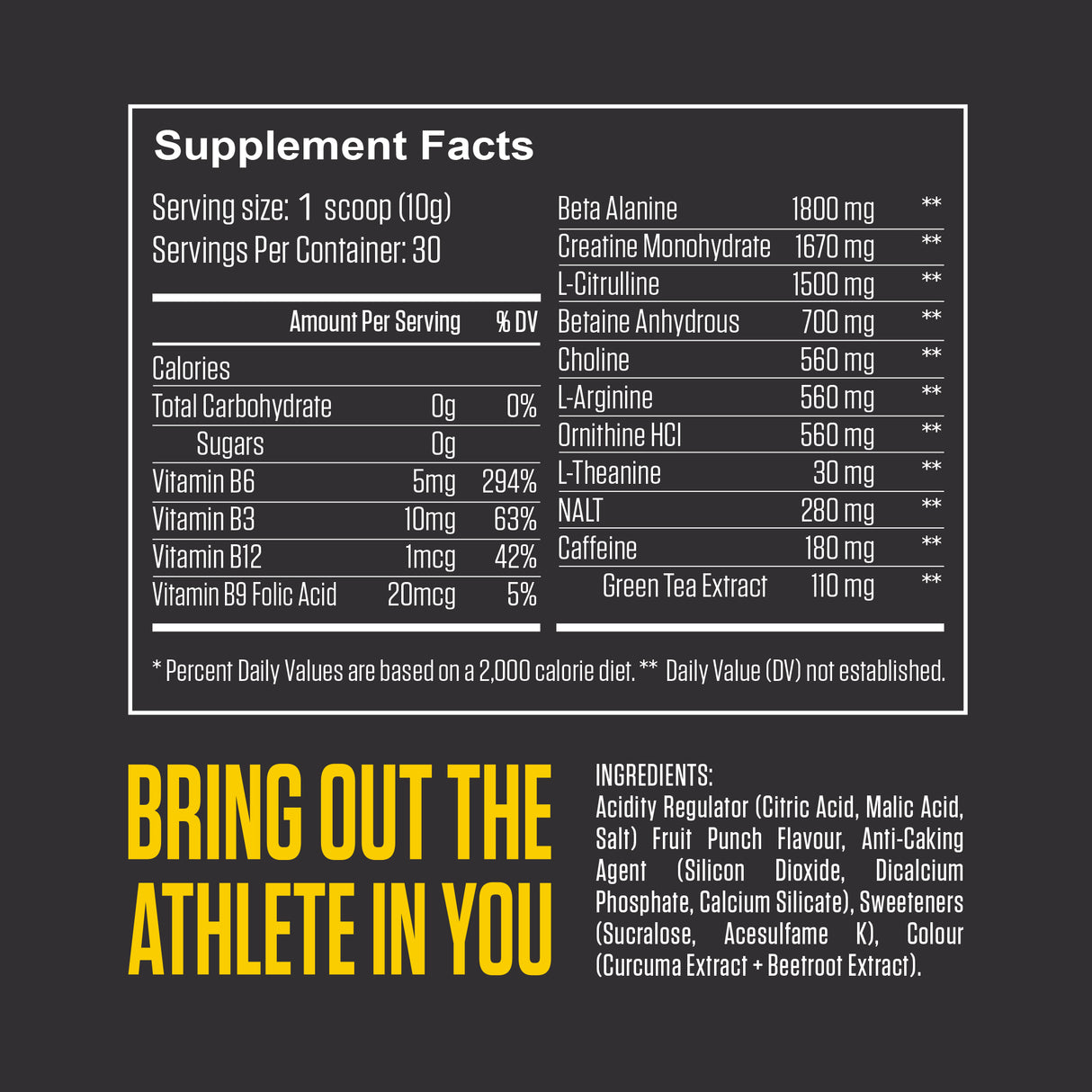 nutritional information for fruit punch pre-workout from Fuel-Up by Kcal