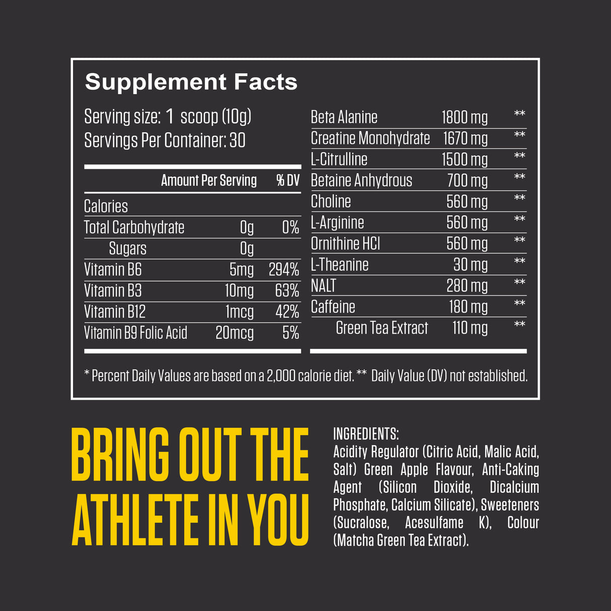 Nutritional information for green apple pre-workout supplement