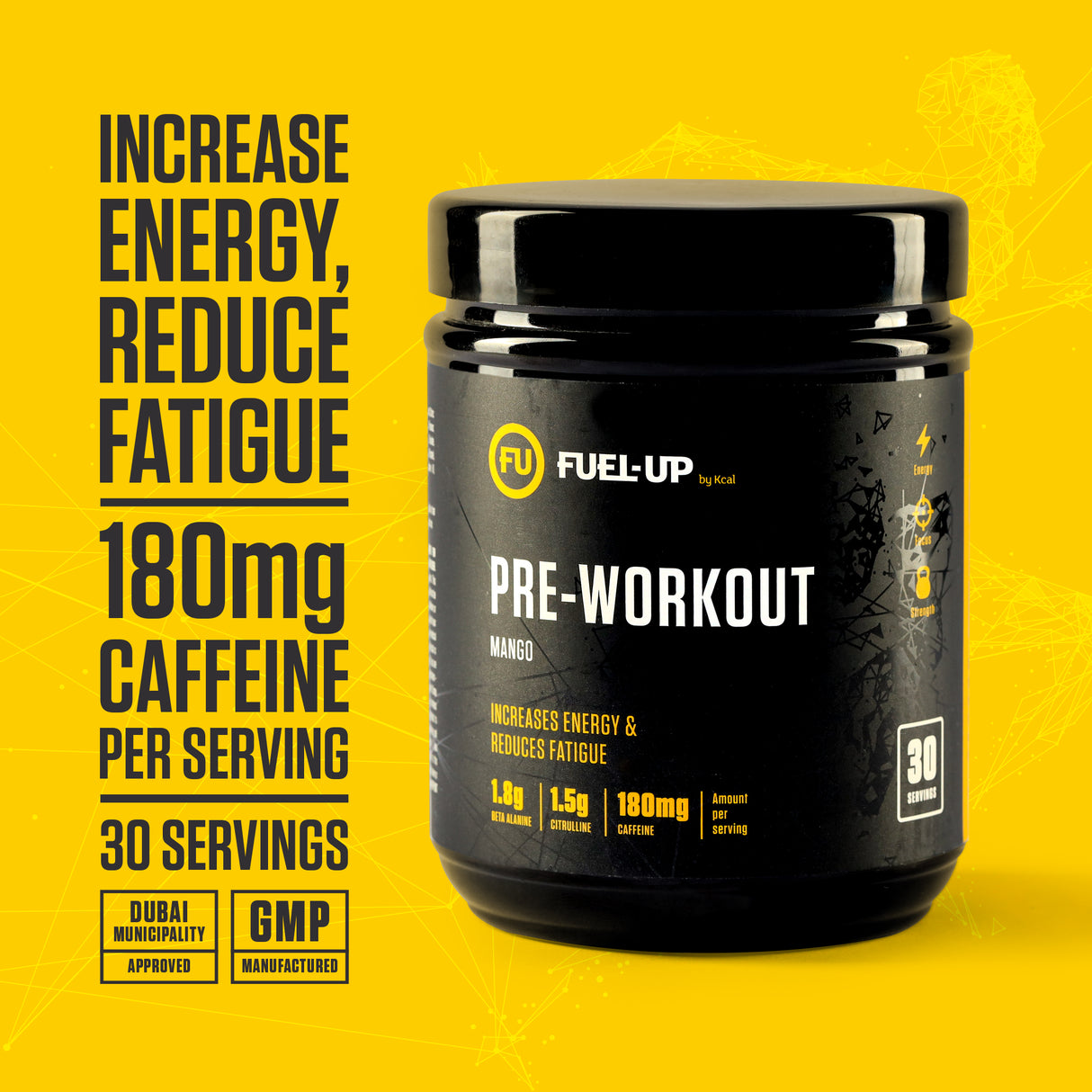 tub of mango pre-workout supplement on yellow background