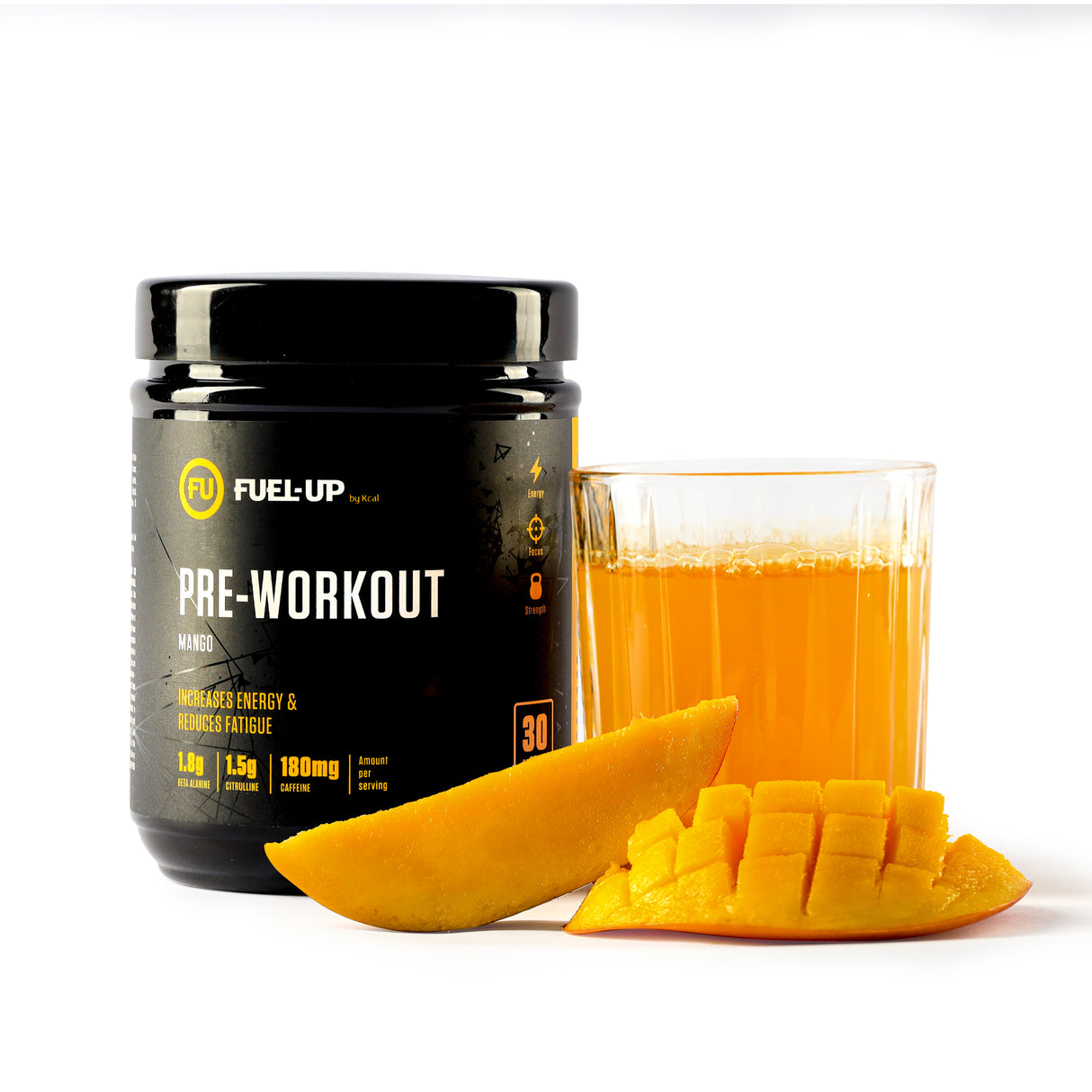 Mango flavour pre-workout supplement with fresh mango