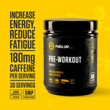 Tub of pre-workout supplement on yellow background