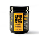 Container label showing the benefits of pre-workout supplements