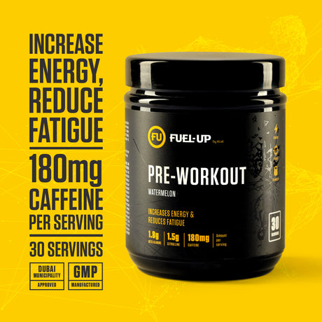 Tub of pre-workout on yellow background