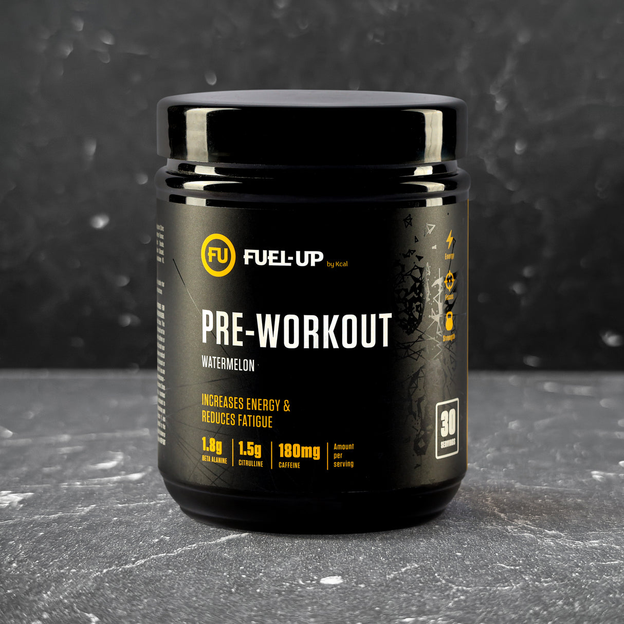 Tub of pre-workout powder from Fuel-up by Kcal