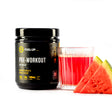 Container of watermelon flavoured pre-workout powder with fresh watermelon