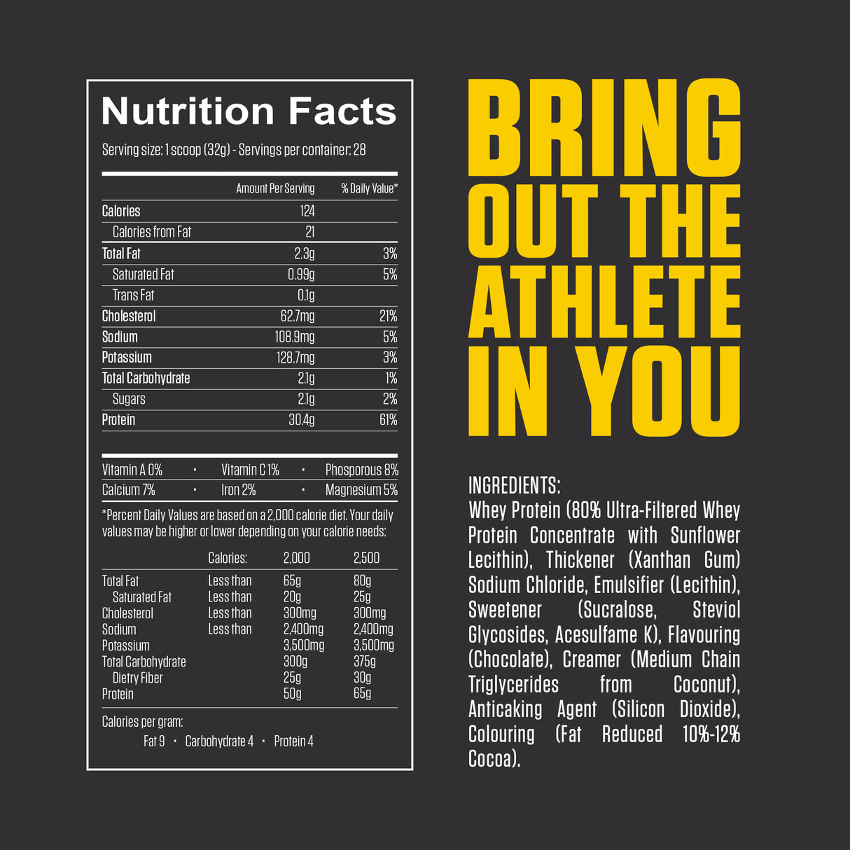 Nutritional information for Pro Whey chocolate protein powder from Fuel-Up by Kcal