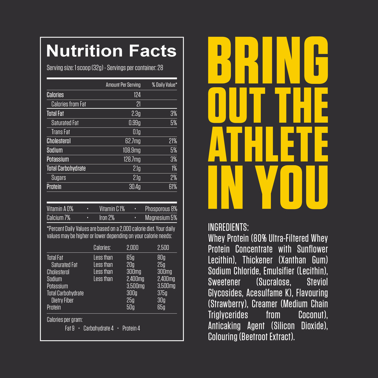 Nutritional breakdown for Fuel-Up by Kcal's Pro Whey strawberry whey protein supplement