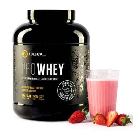 Container of strawberry flavoured whey protein powder with a strawberry protein shake and fresh strawberries