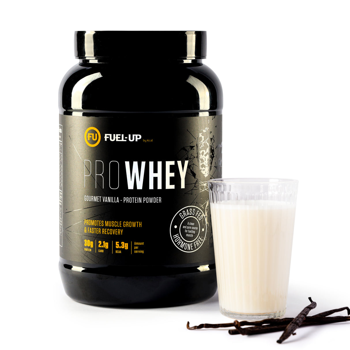 2 lb container of vanilla flavoured protein powder with a vanilla protein shake and vanilla pods