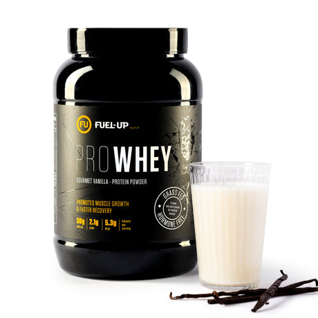 2 lb container of vanilla flavoured protein powder with a vanilla protein shake and vanilla pods