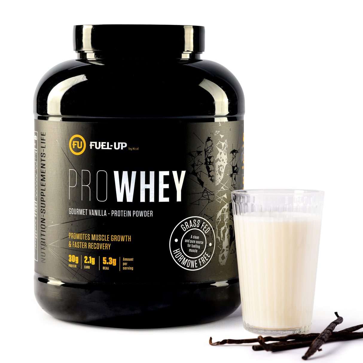 5 lb contatiner of vanilla flavoured whey protein powder with a vanilla protein shake and vanilla pods